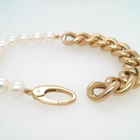 Vintage 18 Karat Yellow Gold 10 Mm Wide Curb Chain & Pearl Bracelet, 7"