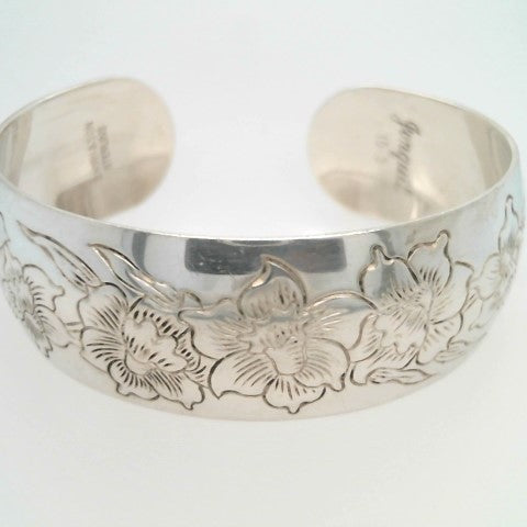 Vintage Sterling Silver "Daffodil" Etched Cuff Bangle Bracelet, Signed S. Kirk & Sons, Jonquil