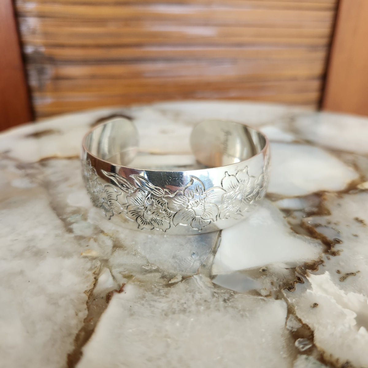 Vintage Sterling Silver "Daffodil" Etched Cuff Bangle Bracelet, Signed S. Kirk & Sons, Jonquil