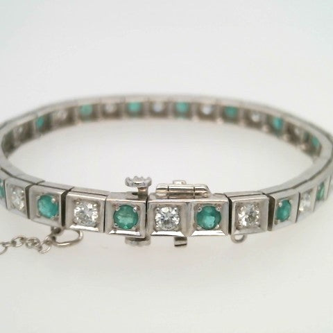 Vintage 14 Karat White Gold Emerald & Diamond Line Bracelet, 6.5"