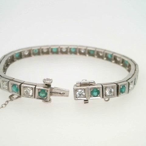 Vintage 14 Karat White Gold Emerald & Diamond Line Bracelet, 6.5"