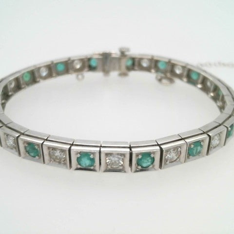 Vintage 14 Karat White Gold Emerald & Diamond Line Bracelet, 6.5"