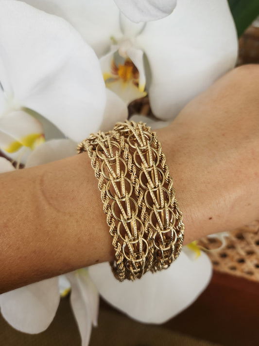 Vintage 14 Karat Yellow Gold 27 Mm Wide Fancy Mesh Link Bracelet, 7.5"