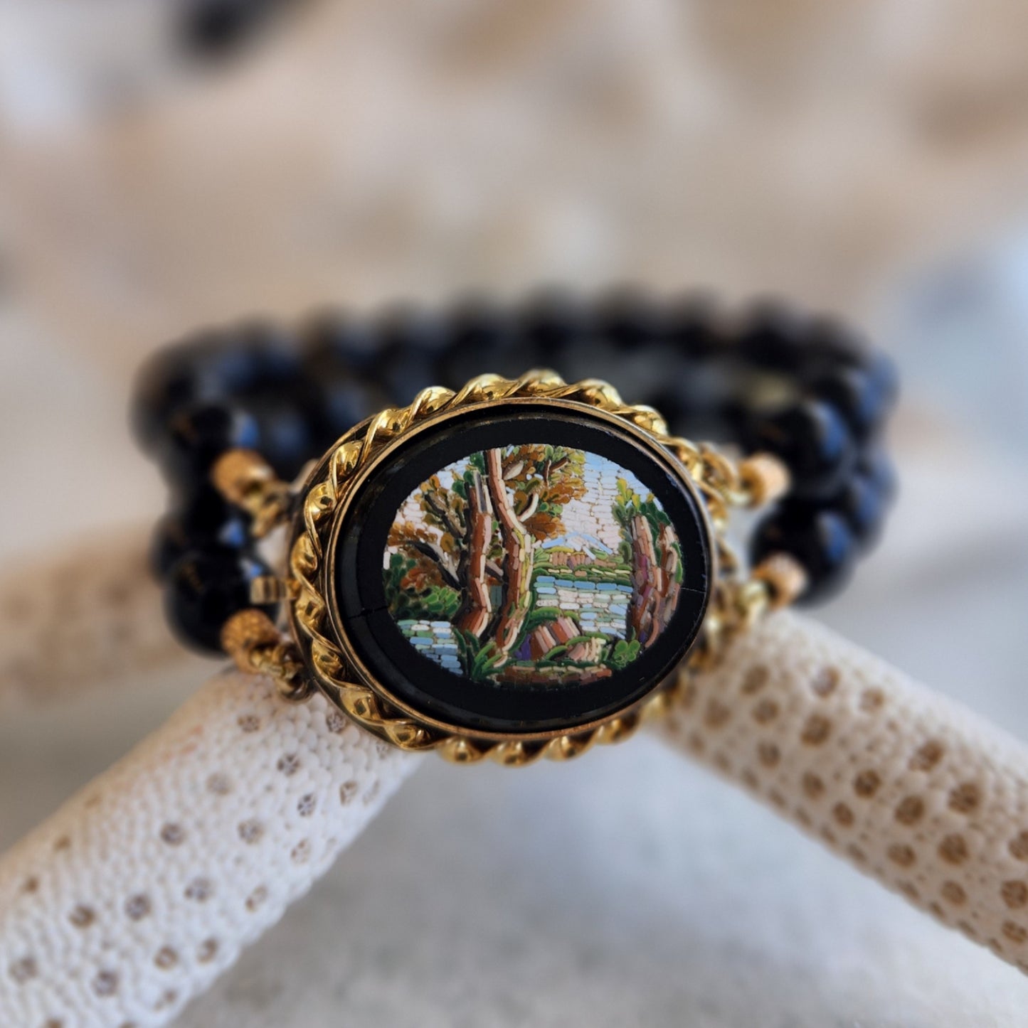 Vintage 14 Karat Yellow Gold Double Strand 8 Mm Bead Bracelet With Antique Victorian Micro Mosaic Clasp, 7"