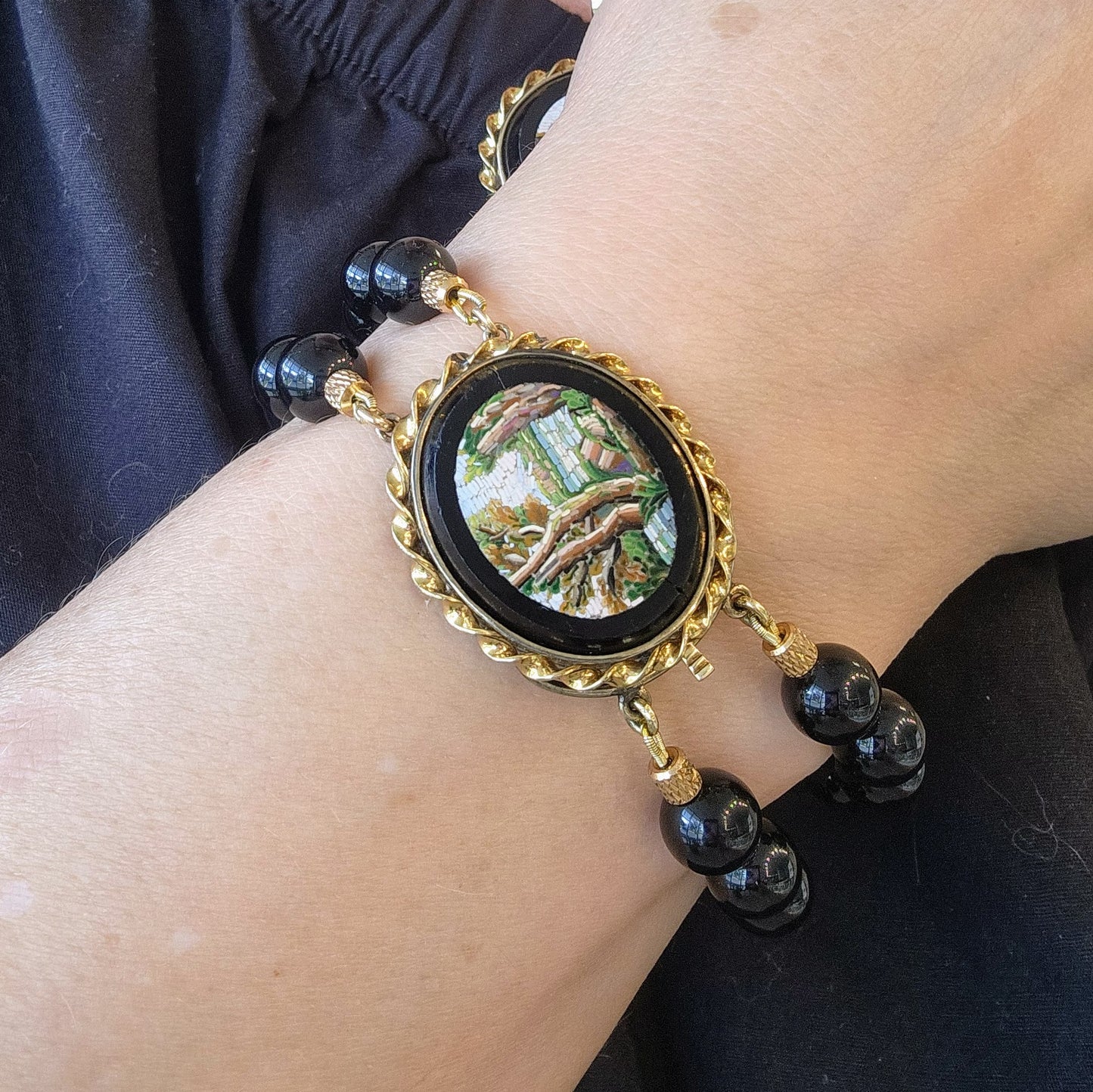 Vintage 14 Karat Yellow Gold Double Strand 8 Mm Bead Bracelet With Antique Victorian Micro Mosaic Clasp, 7"