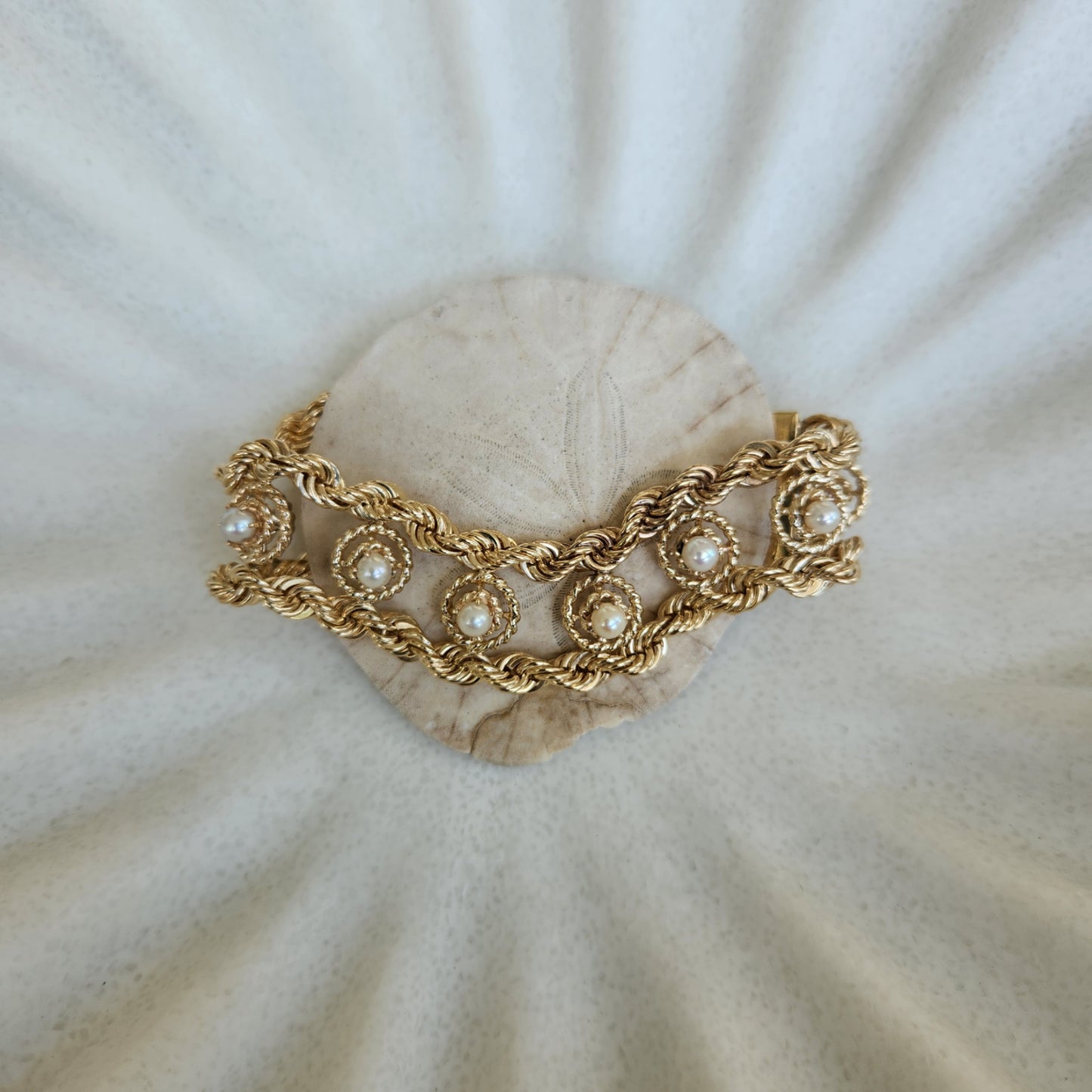 Vintage 14 Karat Yellow Gold 21 Mm Wide Double Rope Bracelet With Pearl Stations, 7.5"