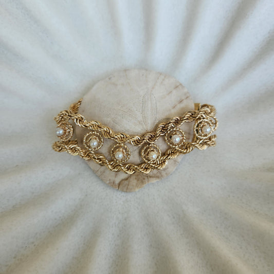 Vintage 14 Karat Yellow Gold 21 Mm Wide Double Rope Bracelet With Pearl Stations, 7.5"