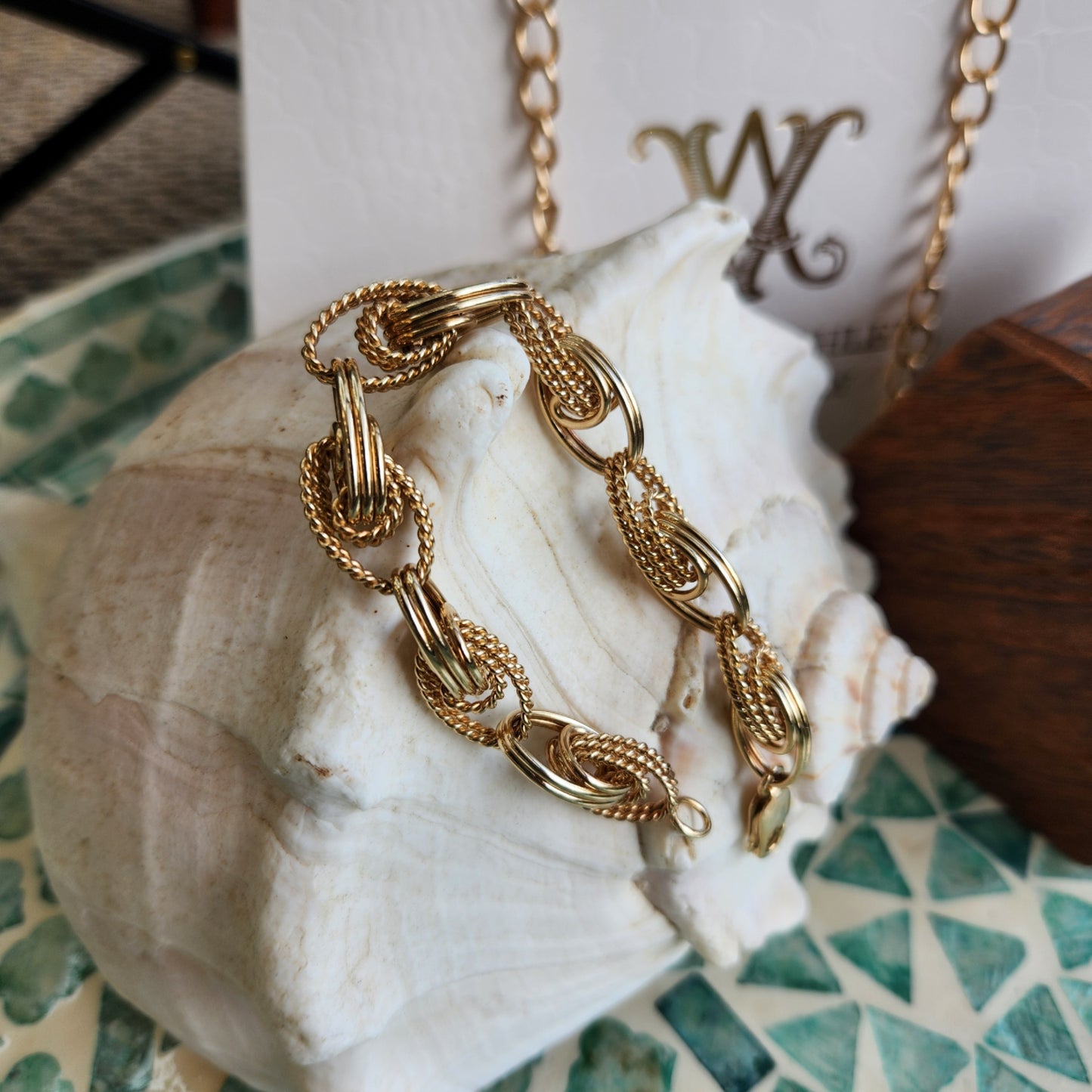Vintage 14 Karat Yellow Gold Interlocking Twisted Rope Fancy Link Bracelet, 7.5"
