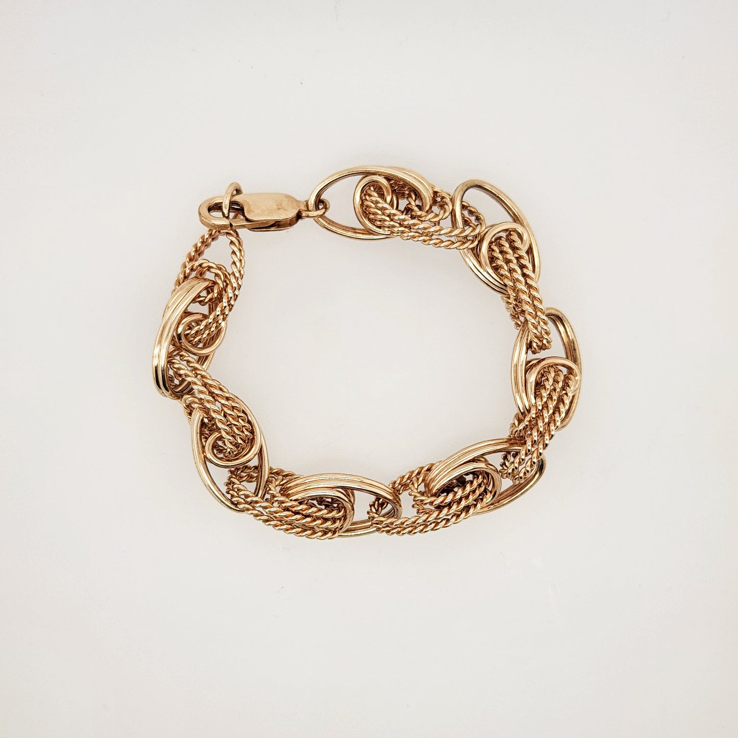 Vintage 14 Karat Yellow Gold Interlocking Twisted Rope Fancy Link Bracelet, 7.5"