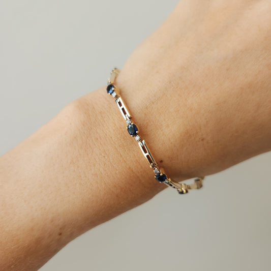Vintage 14 Karat Yellow Gold Blue Sapphire & Diamond Bracelet, 7.5"