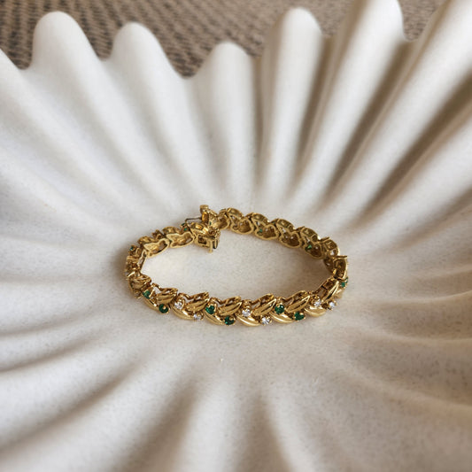 Vintage 18 Karat Yellow Gold Diamond And Emerald Leaf Pattern Bracelet, 7"