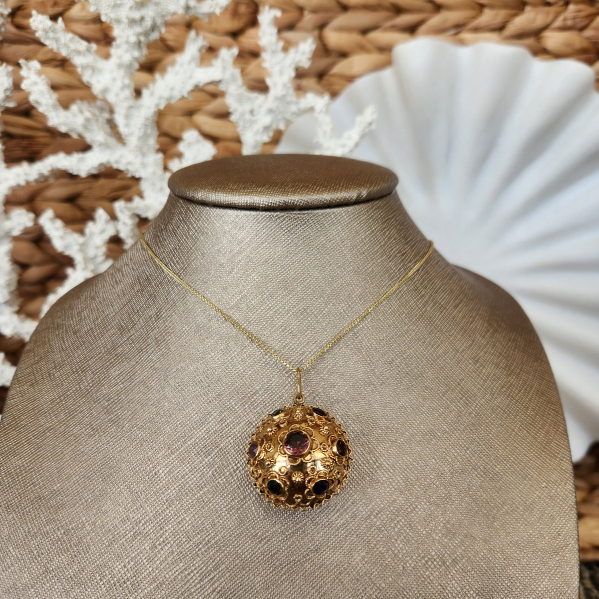 18K Yellow Gold Round Shape Italian Mid-Century Ornate Mullti-Stone Pe