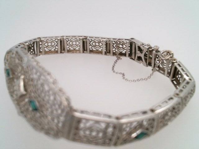 Antique Early Art Deco 10 Karat White Gold Filigree Diamond & Synthetic Emerald Bracelet 7"