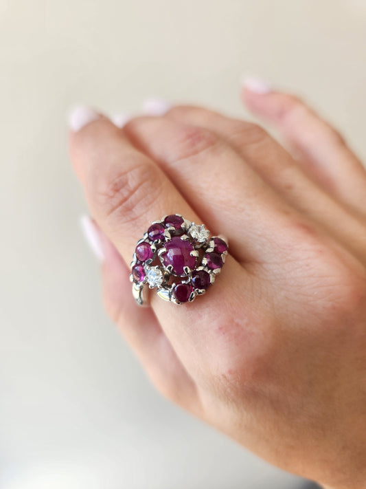 Vintage 14 Karat White Gold Cabochon Ruby & Diamond Cluster Bypass Style Ring