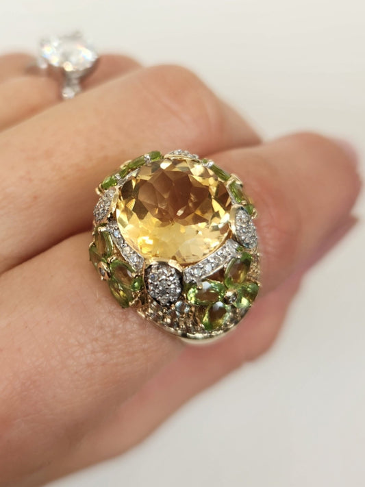 Vintage 14 Karat Yellow Gold Citrine Ring With Peridot,  Green Quartz & Diamond Accents