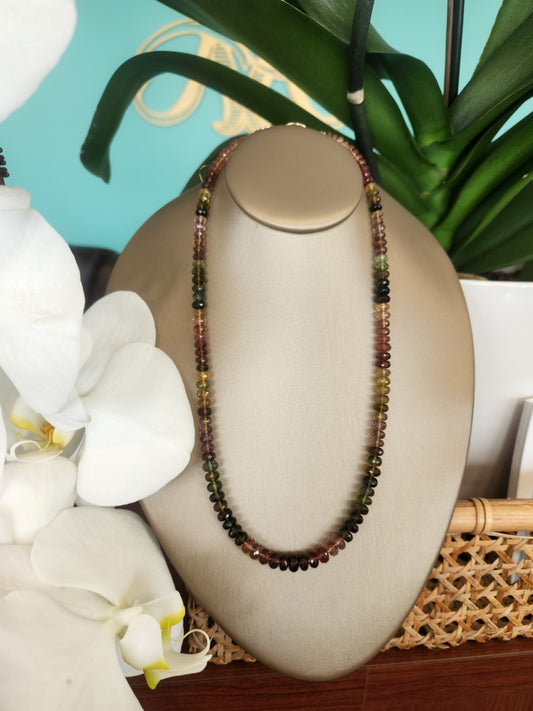 14 Karat Yellow Gold Multi Color Faceted Tourmaline Roundel Bead Necklace With Oval Lobster Clasp, 20"