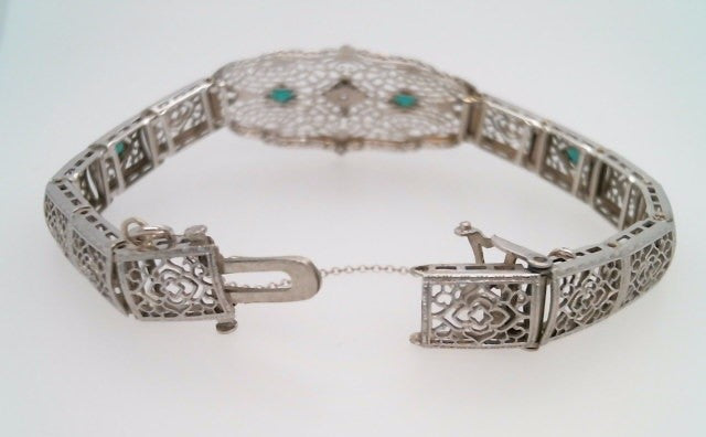 Antique Early Art Deco 10 Karat White Gold Filigree Diamond & Synthetic Emerald Bracelet 7"