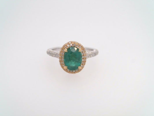 18 Karat White & Yellow Gold Oval Emerald With Diamond Accents Halo Style Ring