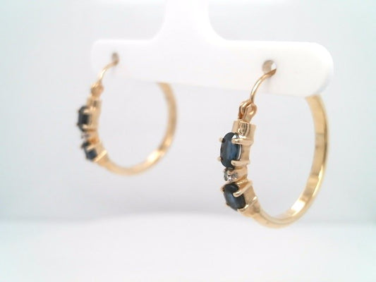 Vintage 14 Karat Yellow Gold Sapphire & Diamond Hoop Earrings