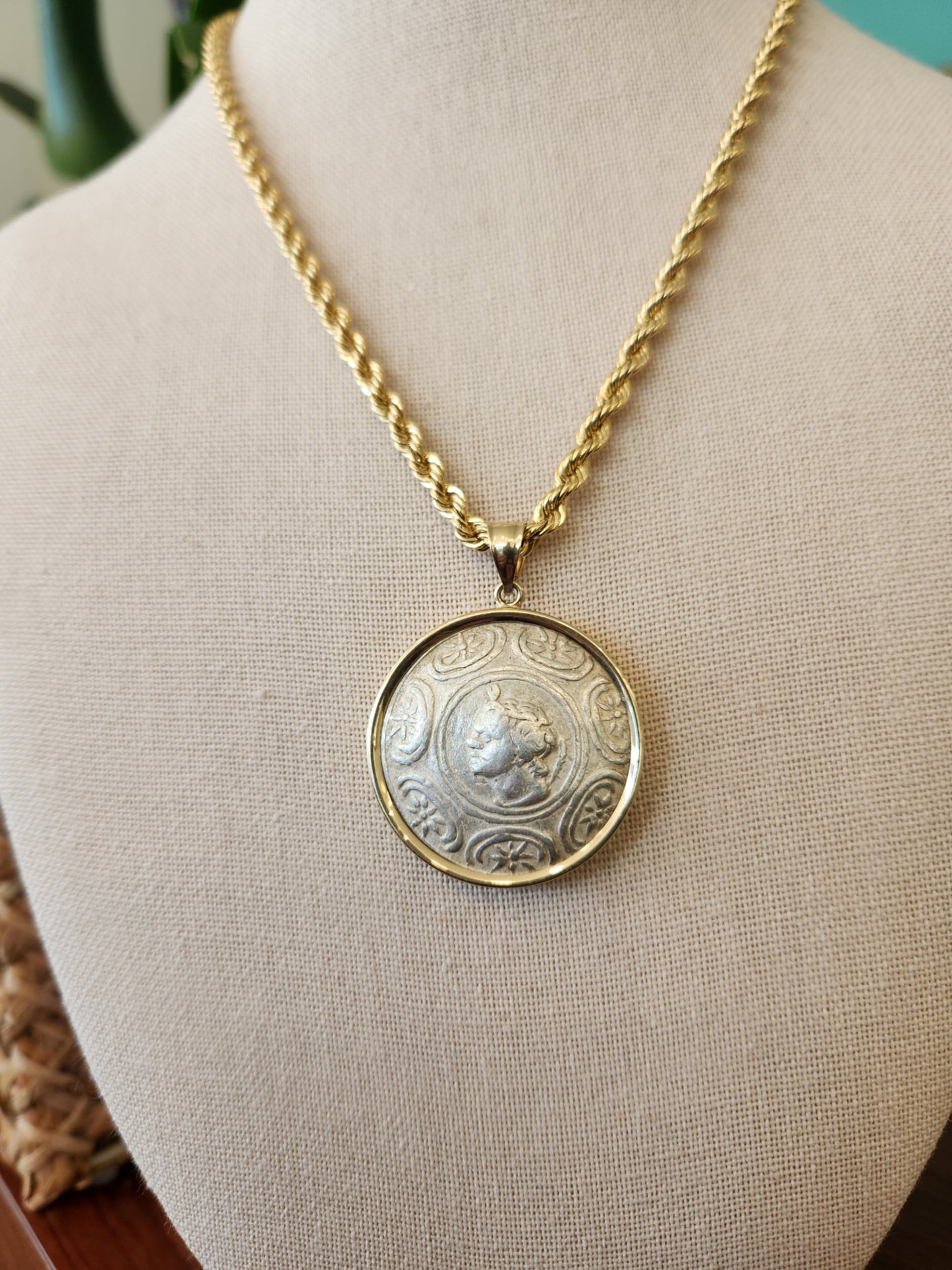 14 Karat Yellow Gold Bezel Set Silver Macedonian Amphipolis Tetradrachm Coin Pendant
