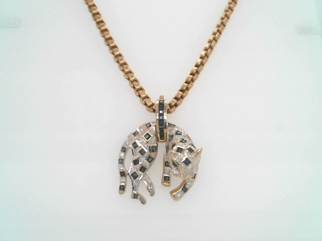 Vintage 14 Karat Yellow Gold Blue & White Sapphire Leopard Pendant With Opening Pearl Enhancer Bail