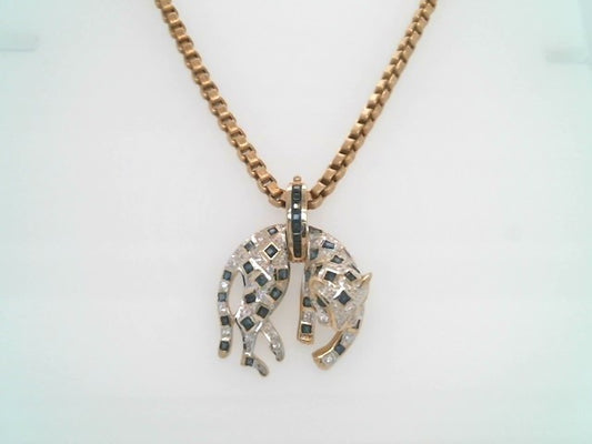 Vintage 14 Karat Yellow Gold Blue & White Sapphire Leopard Pendant With Opening Pearl Enhancer Bail