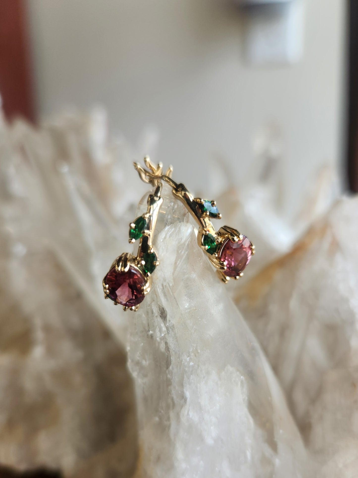 14 Karat Yellow Gold "Flora" Hoop Style Earrings With Pink Tourmaline And Tsavorites