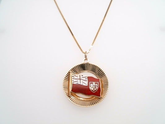 Vintage 14 Karat Yellow Gold Round Bermuda Flag Charm Pendant With Red, White & Blue Enamel