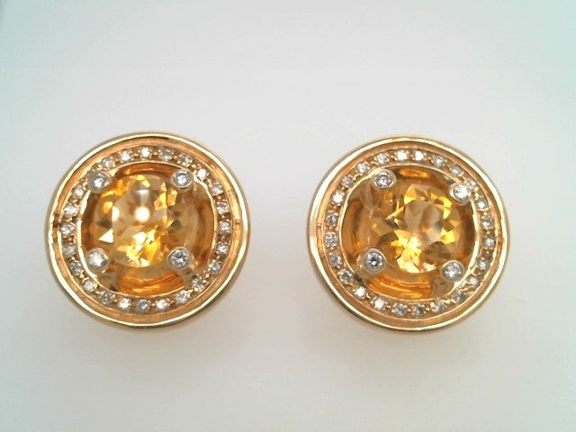 Vintage 14 Karat Yellow Gold Citrine & Diamond Halo Style Earrings With Omega Backs