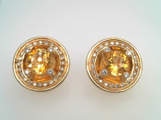 Vintage 14 Karat Yellow Gold Citrine & Diamond Halo Style Earrings With Omega Backs