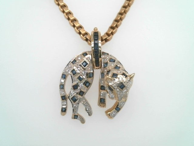 Vintage 14 Karat Yellow Gold Blue & White Sapphire Leopard Pendant With Opening Pearl Enhancer Bail