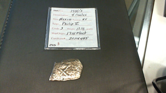 Silver Spanish 4 Reale Minted In Mexico; 1715 Fleet; Year 1700S; Phillip V; Weight 12.73 Gr