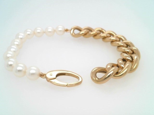 Vintage 18 Karat Yellow Gold 10 Mm Wide Curb Chain & Pearl Bracelet, 7"