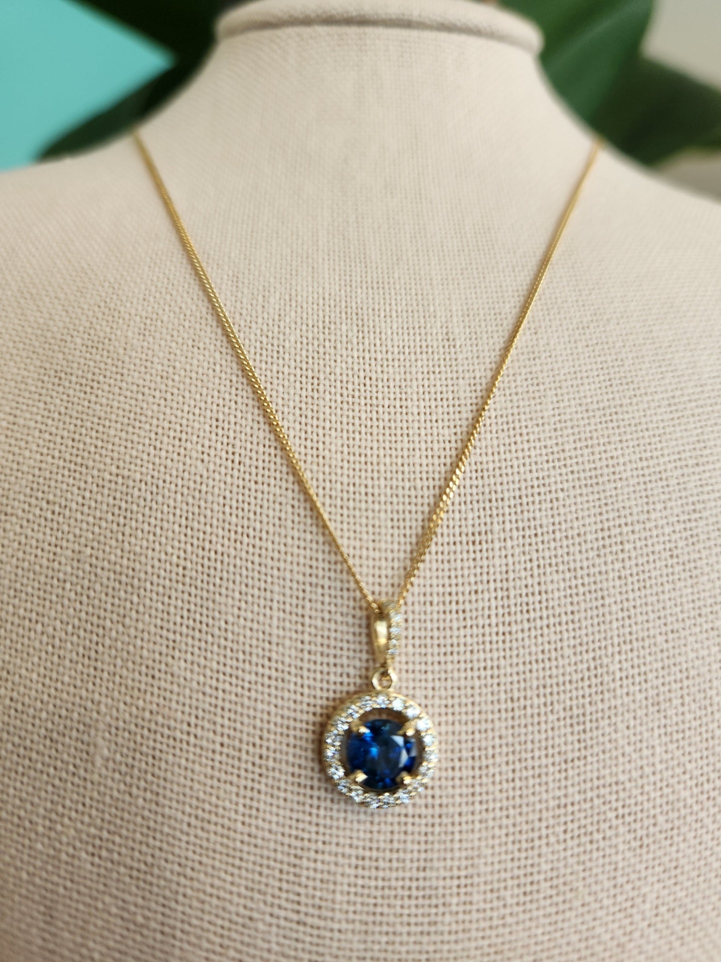 14 Karat Yellow Gold Sapphire & Diamond Halo Style Pendant