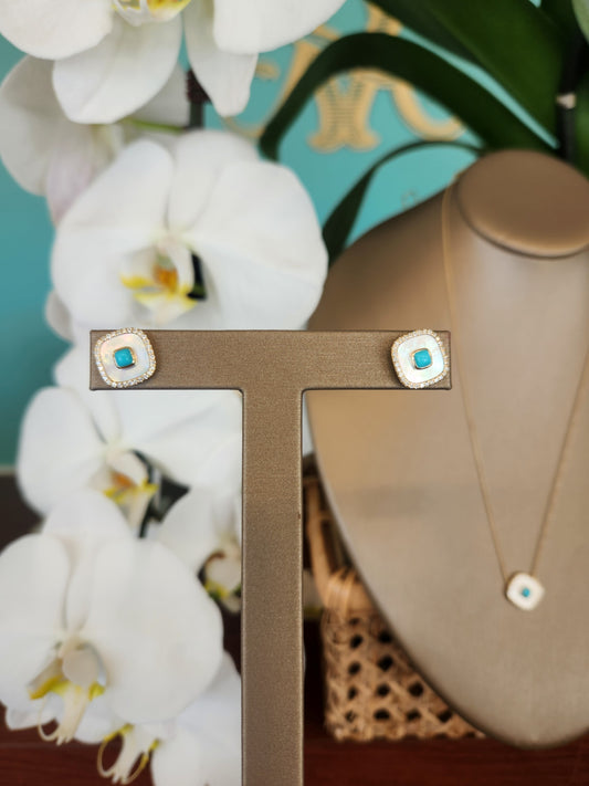 14 Karat Yellow Gold Cushion Shaped Mother Of Pearl, Turquoise & Diamond Earrings