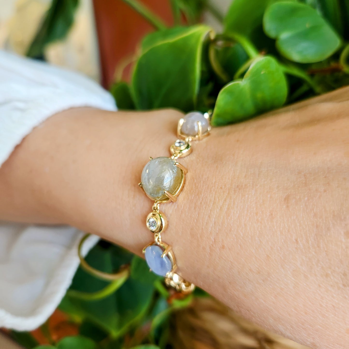 14 Karat Yellow Gold Star Sapphire & Diamond Line Bracelet, 7"