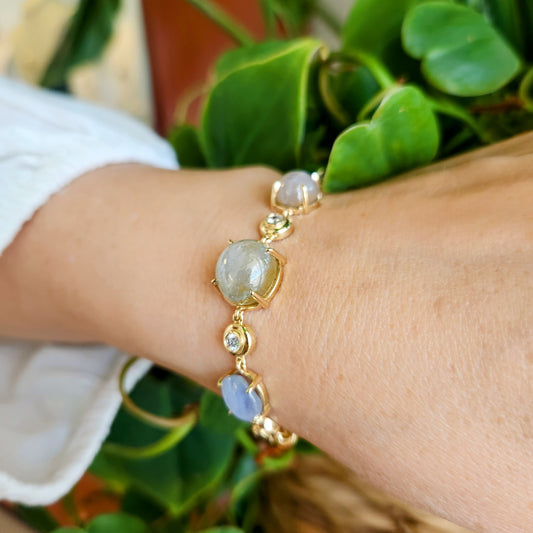 14 Karat Yellow Gold Star Sapphire & Diamond Line Bracelet, 7"