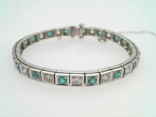 Vintage 14 Karat White Gold Emerald & Diamond Line Bracelet, 6.5"