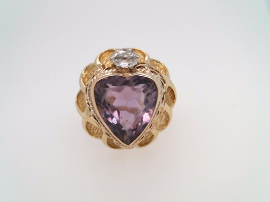 Vintage 18 & 14 Karat Yellow Gold Heart Shaped Amethyst Ring With Diamond Accent