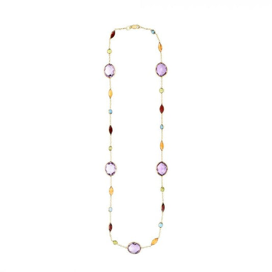 14 Karat Yellow Gold Bezel Set Amethyst, Blue Topaz, Citrine, Garnet & Peridot "By The Yard' Style Necklace 18"