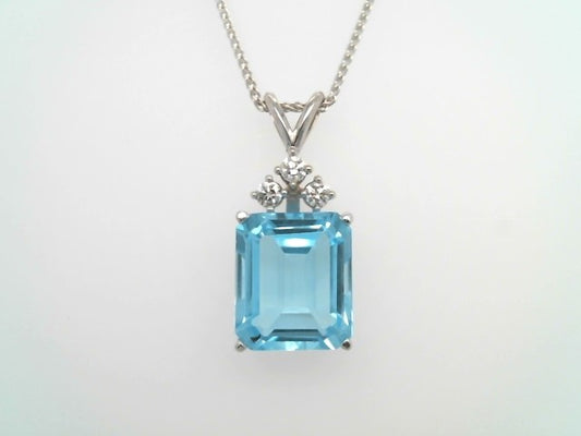 14 Karat White Gold Emerald Cut Blue Topaz & Diamond Pendant