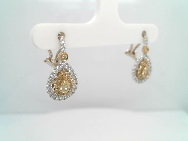 18 Karat White & Yellow Gold Fancy Natural Yellow & White Diamond Pear Shaped Cluster Earrings With Omega Backs