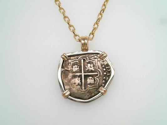 Silver 2 Reale Coin Pendant Prong Set In Sterling Silver Bezel With 14 Karat Yellow Prongs