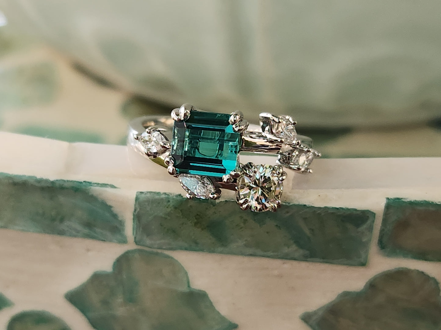 Platinum Indicolite Tourmaline & Diamond Floral Bypass Style Ring