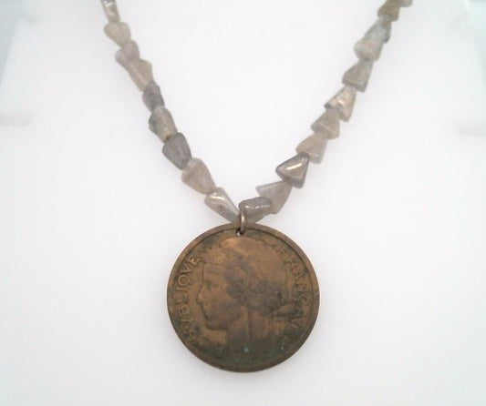 Handmade Sterling Silver Labradorite Bead Necklace With French 2 Francs Coin Dated 1941, 18"