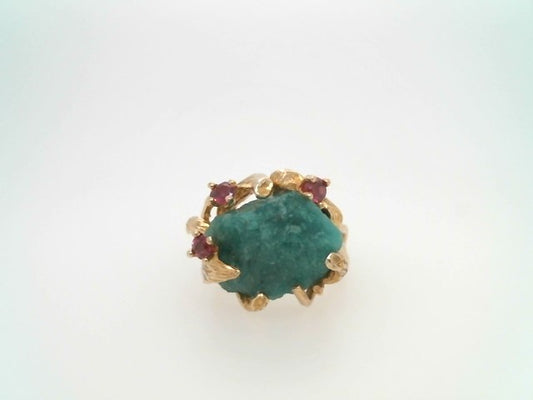 Vintage 14 Karat Yellow Gold Rough Lab Grown Emerald Ring With Ruby Accents, Floral Motif Mounting With Leaves & Branches