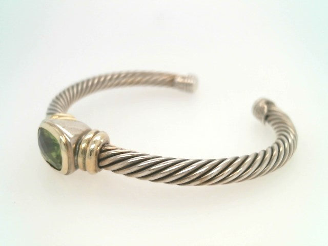 Vintage Sterling Silver & 14 Karat Yellow Gold Peridot "Cable" Cuff Bracelet, Signed David Yurman
