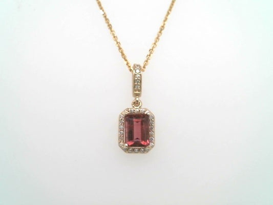 14 Karat Yellow Gold Emerald Cut Pink Tourmaline Pendant With Diamond Halo