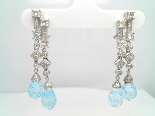 Vintage 14 Karat White Gold Blue Topaz Briolette & Diamond Earrings With Omega Backs