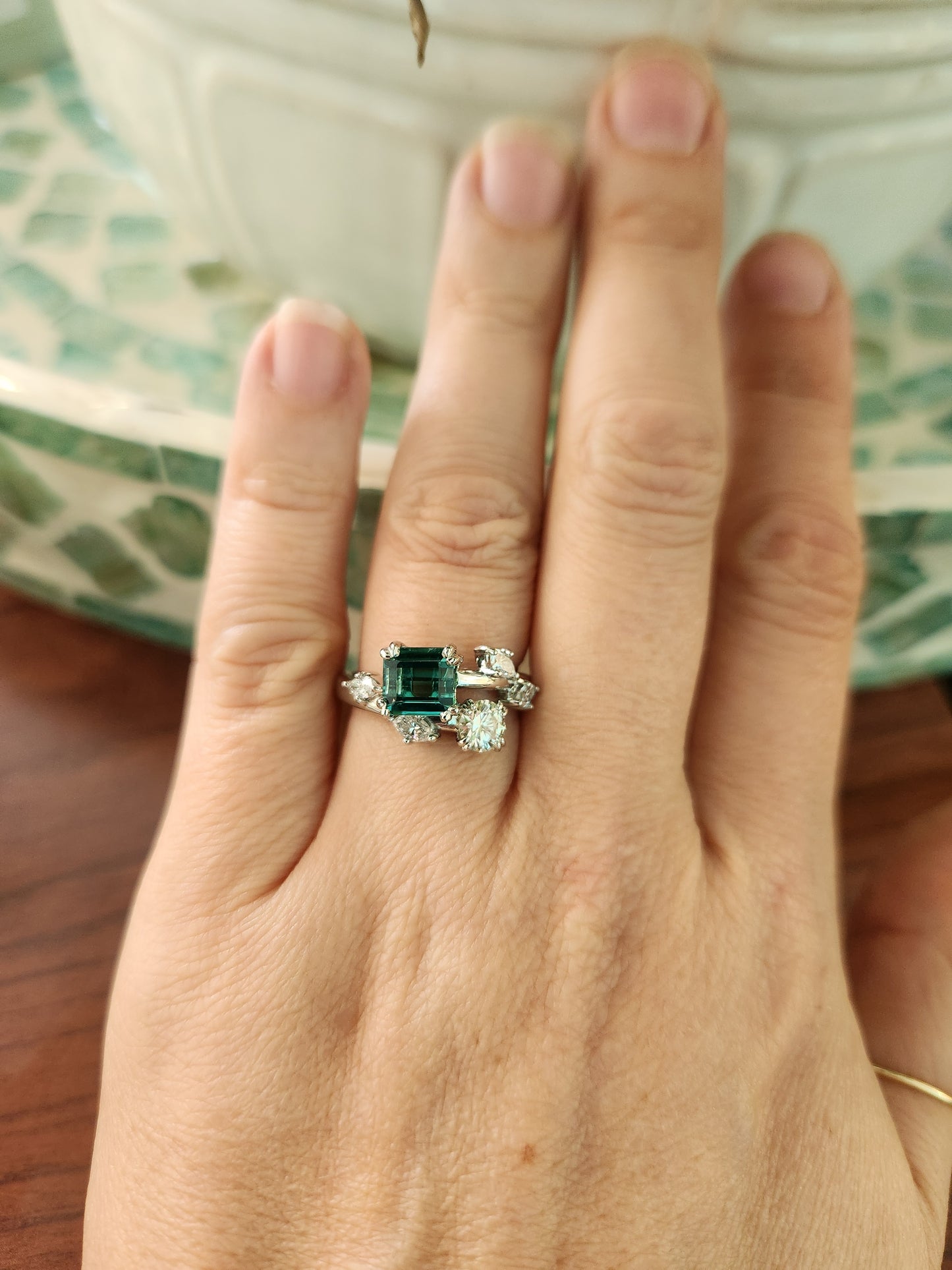 Platinum Indicolite Tourmaline & Diamond Floral Bypass Style Ring